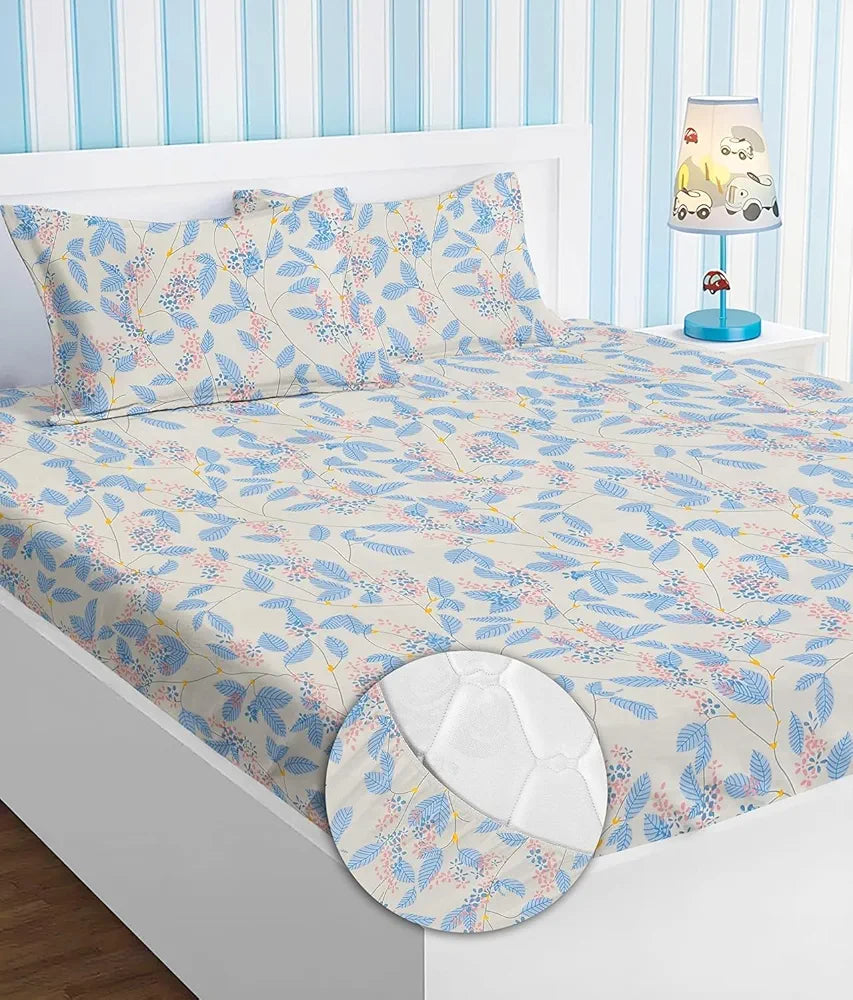Homekart Premium Cotton Elastic Fitted Bedsheets with 2 King Size Pillow Covers Double Bed with Flower Print Off White and Blue 200 tc - 220 tc