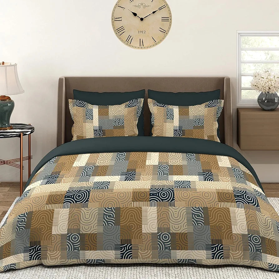 Layers Tivoli Cotton Bedsheet Set for All Seasons Lightweight 104 TC Queen Size Beige/Blue Color