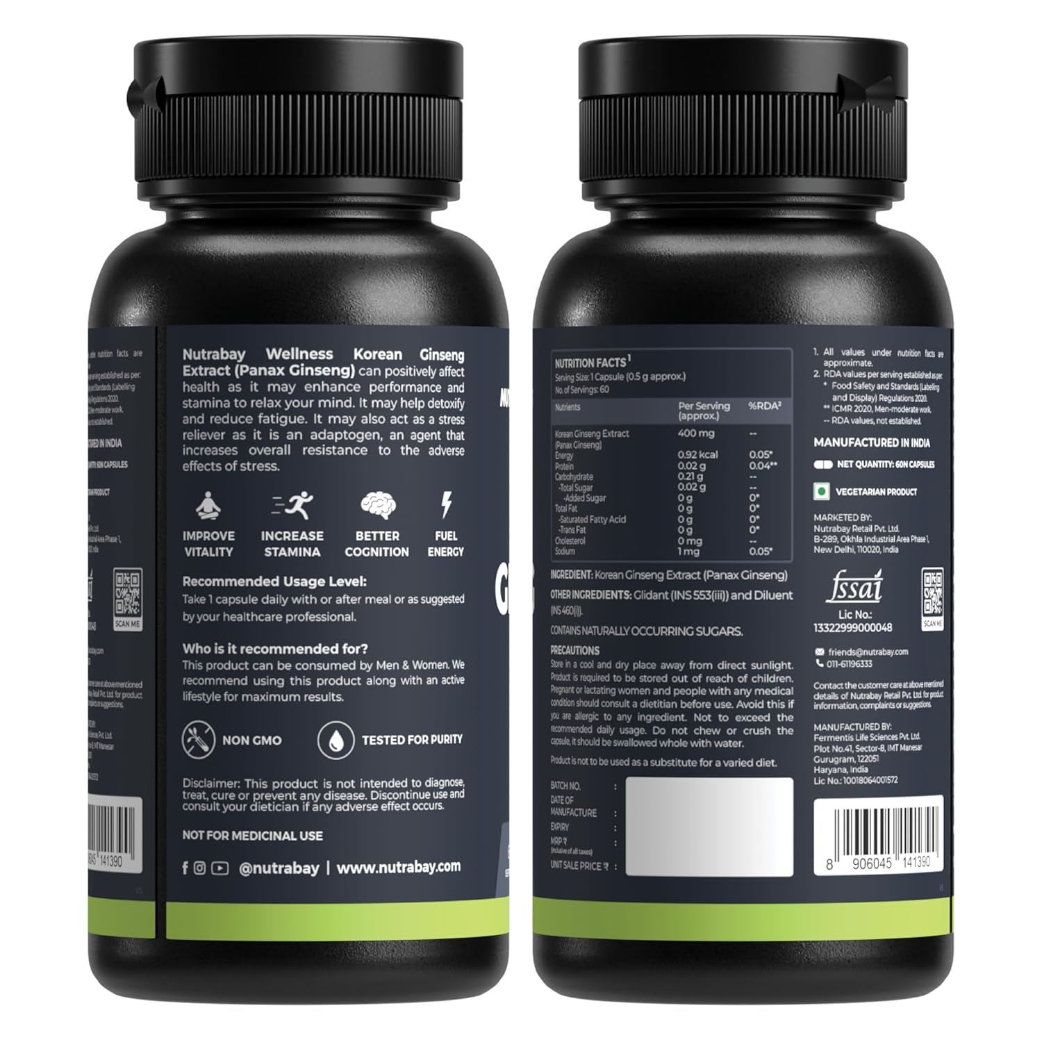 Nutrabay Wellness Korean Ginseng Extract (Panax Ginseng) - Support Vitality, Stamina, Energy, Mental Health & Performance - 400mg, 60 Veg Capsules