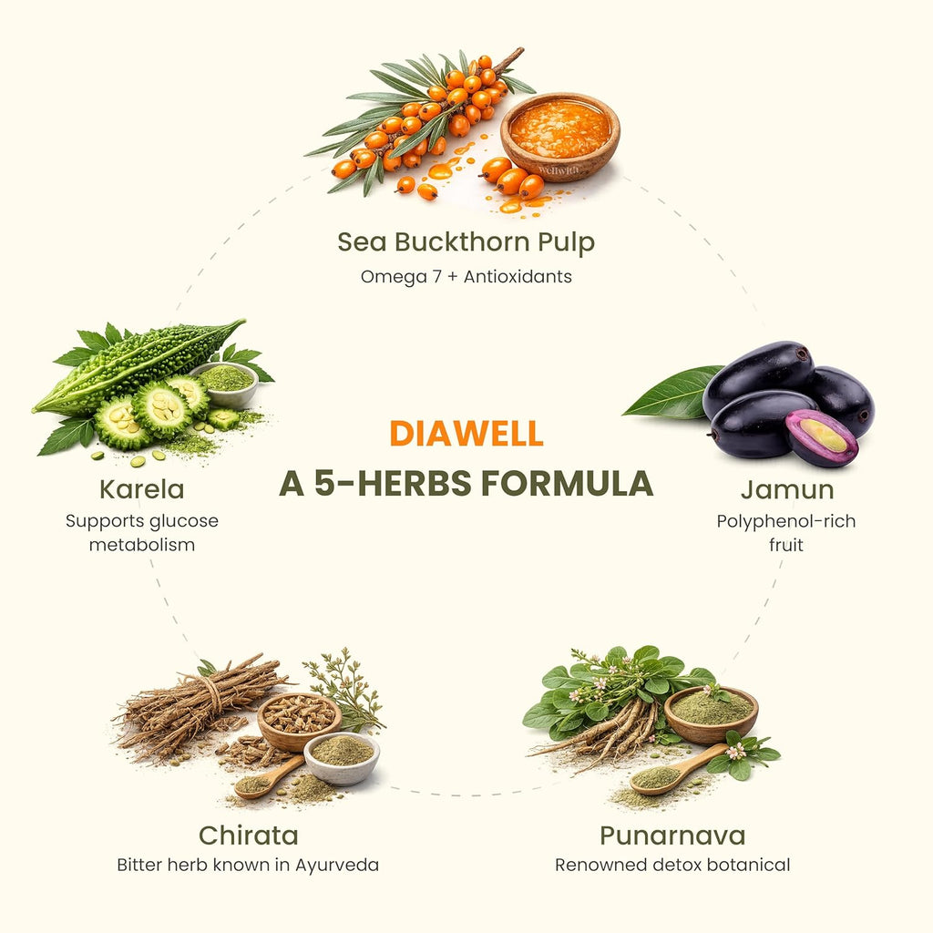 Wellwith (Ayuzera) DiaboWin (Diawell) Seabuckthorn Pulp With Karela & Jamun Diabetic Care Juice 300ml | Chirata and Punarnava | Ayurvedic | Makes Upto 50 Glass Juice (300ml, Pack of 1)