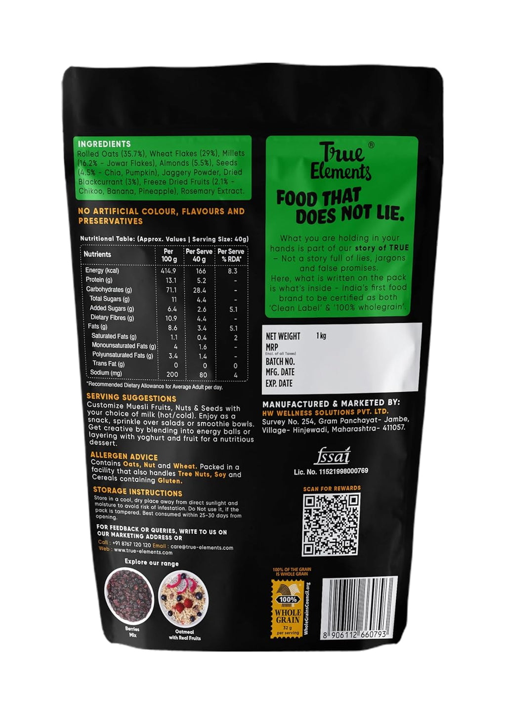 True Elements Muesli Fruit and Nuts 1kg - With Real Fruits & Almonds | 100% Wholegrain Muesli with Oats, Almonds | Real Freeze-dried fruits, Not Candied | Breakfast Cereal | High Fibre & Nutrient-Rich blend