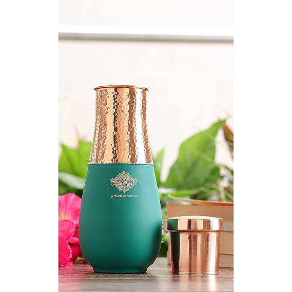 Indian Art Villa Pure Copper Bedroom Bottle Vase Design Half Green Silk Half Hammered Finish