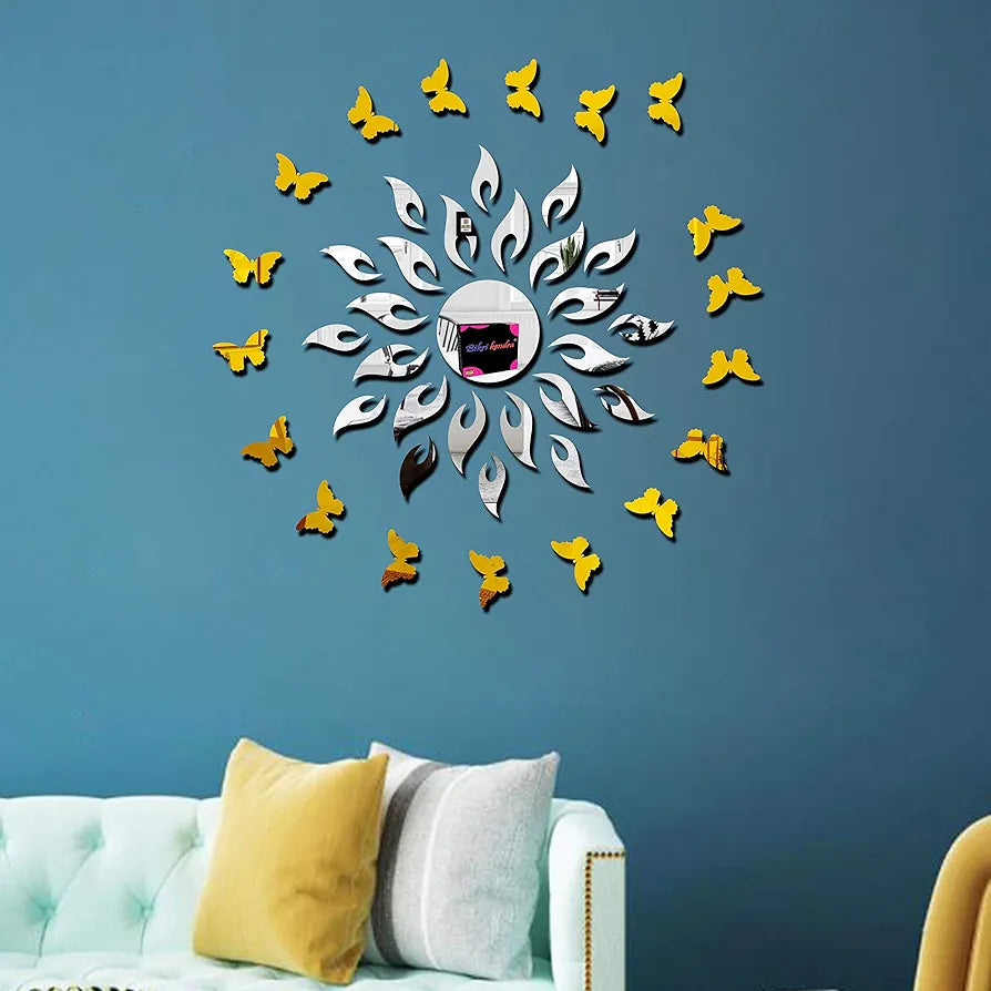 Bikri Kendra Sun Silver with Golden Butterfly Decorative Mirror Stickers for Wall Wall Mirror Stickers 3D Acrylic