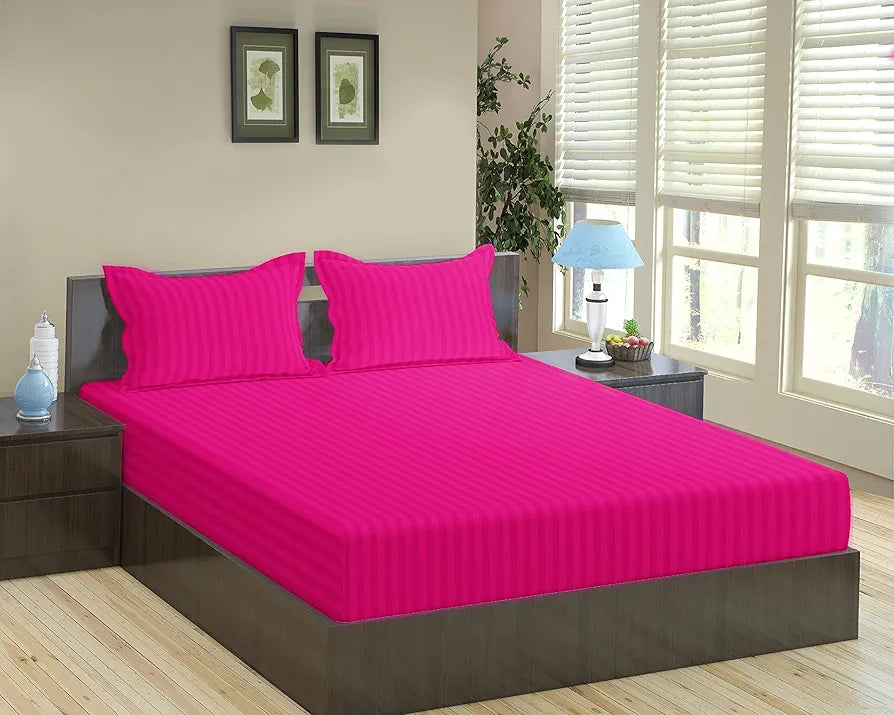 Trance Home Linen 100% Cotton 78x66 inch 200TC Satin Stripe Elastic Fitted Bedsheet Daily Use Double Bed Fitted Bedspread with 2 Pillow Covers Colour Dark Pink