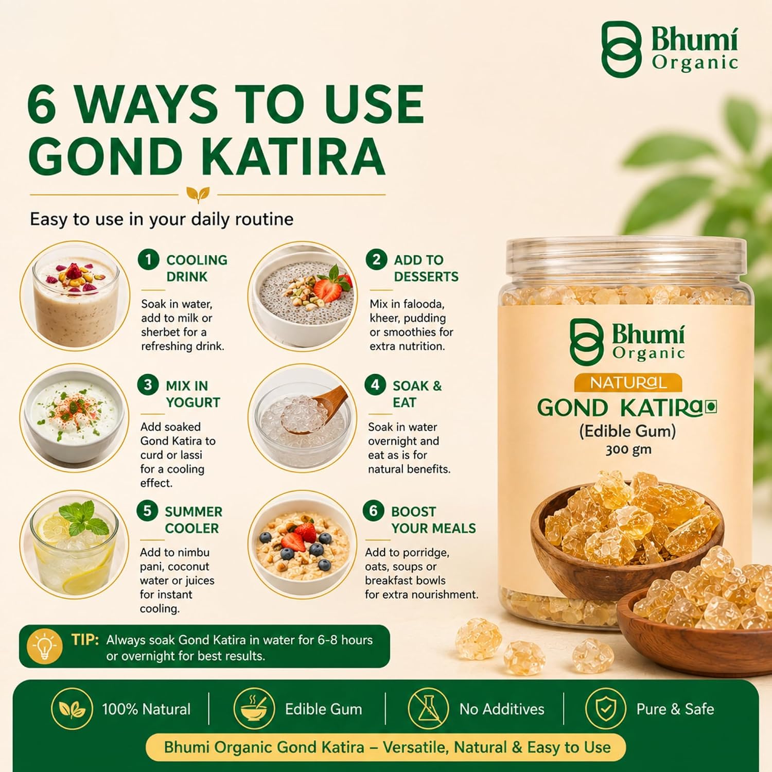 Bhumi Organic Gond Katira (Tragacanth Gum) | Natural Edible Gum for Summer Drinks, Body Cooling Ayurvedic Superfood, Gluten-Free