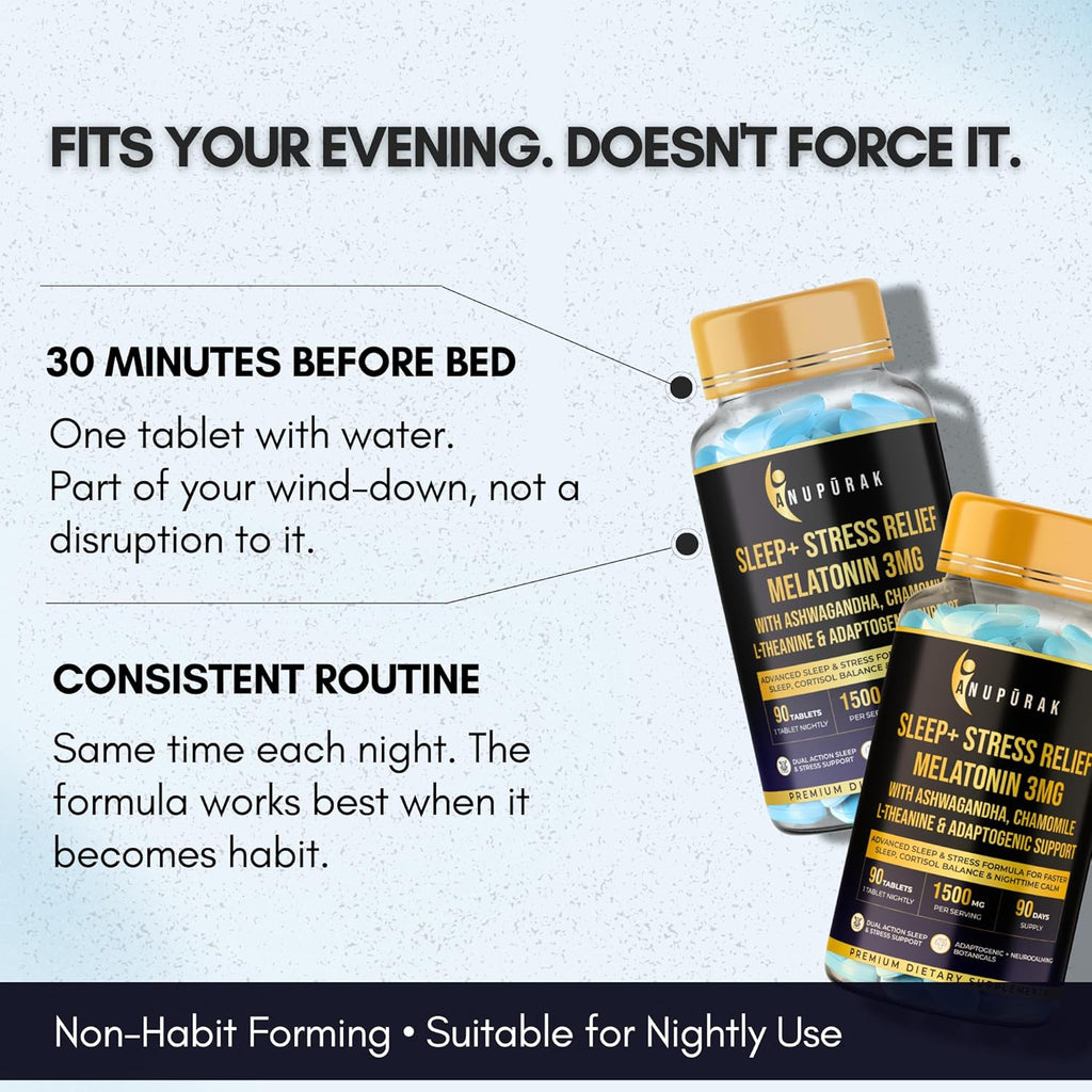 ANUPURAK Melatonin 3mg Sleep Tablets | 11 Actives Sleep Supplement with 5-HTP, Ashwagandha, Tagara & L-Theanine | Sleep Cycle & Nighttime Calm Support | Non-Habit Forming | 90 Veg Tablets (90 Days)