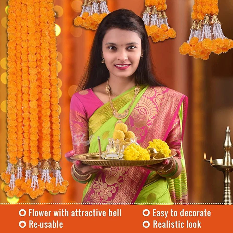 Artificial Orange Flowers For Decoration Garland With Bell 5 Feet Long 5 Pcs With 1 Diya 5 Centimeters Orange-bell