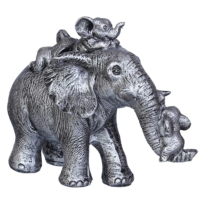 Ecraftindia Cute Silver Elephant Statue Carries Three Calves on Its Back and Trunk | Good Luck Home Decor Showpiece
