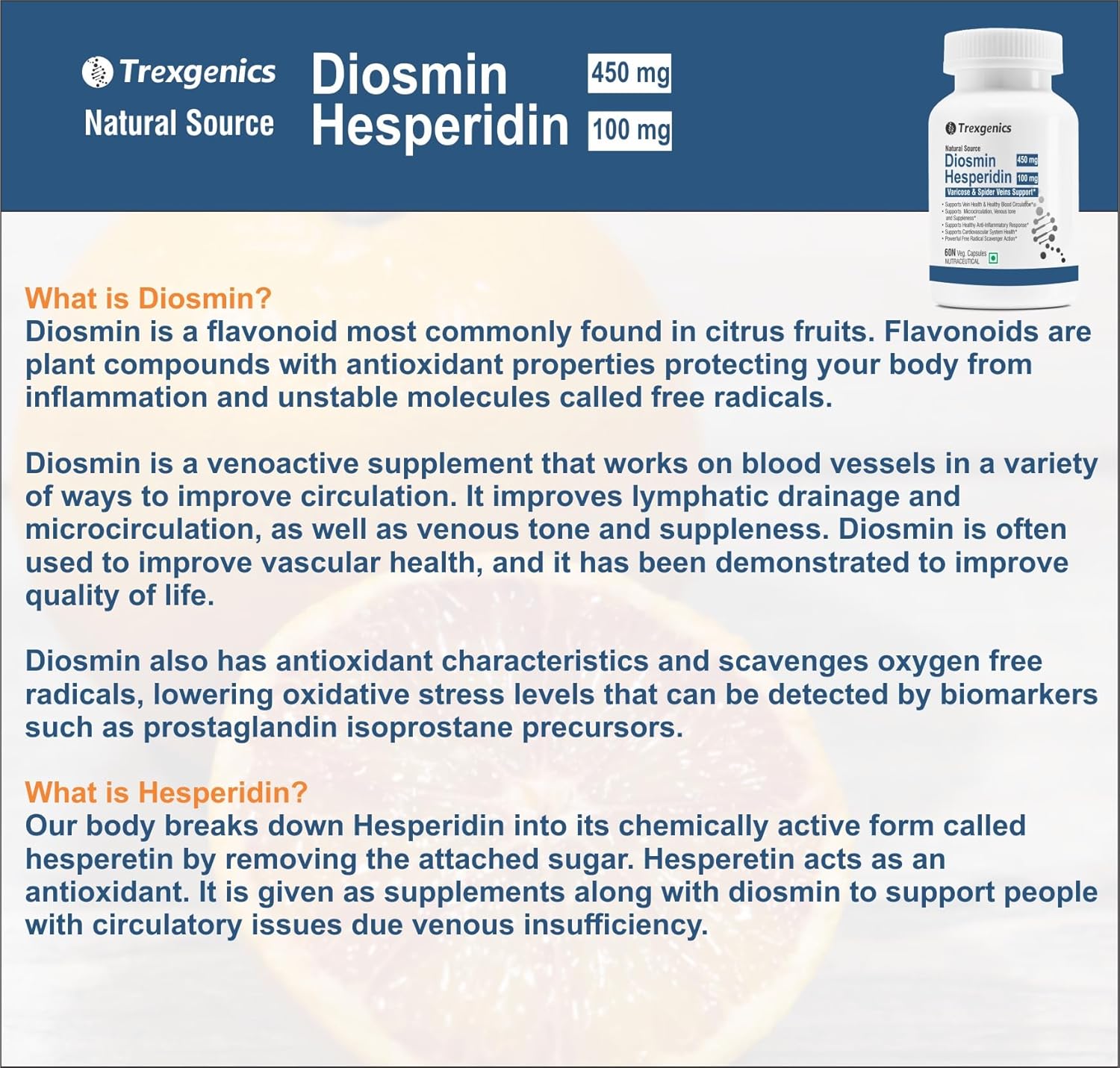 Trexgenics DIOSMIN 450mg, HESPERIDIN 100 mg Natural Source, Varicose, Spider Veins & Restless Leg Syndrome Support (60 Veg Capsules) (Pack of 1)