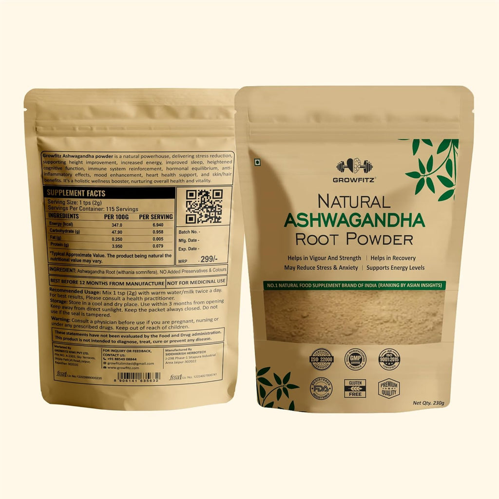Growfitz 100% Organic Ashwagandha Powder 230g | Withania Somnifera | Energy Boost, Anxiety & Stress Relief, Height Improvement, Immunity System | ISO Certified | Vegan, Gluten-Free | Pack of 1
