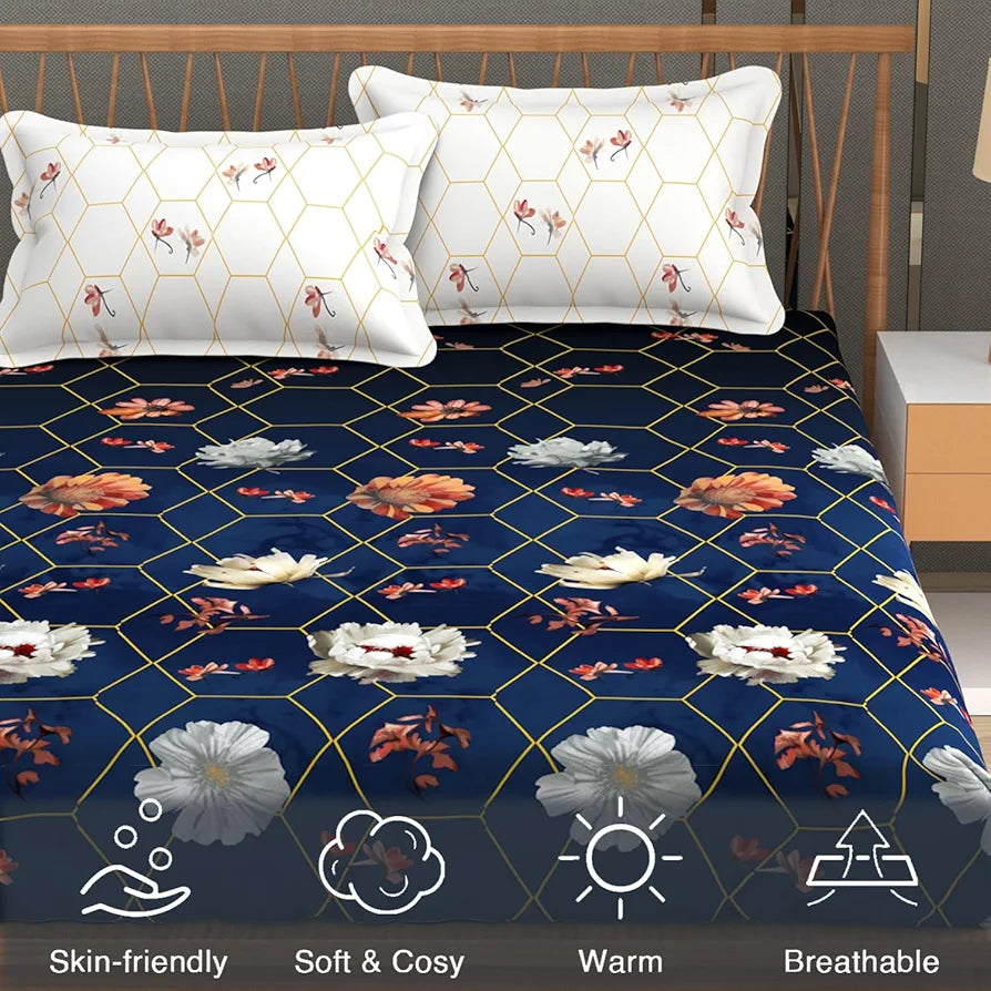 Fresh From Loom Floral Microfiber Cotton Bedsheet for Double Bed 240 TC Queen Size Soft Bed Sheet with 2 Pillow Cover Hexagon Royal Blue