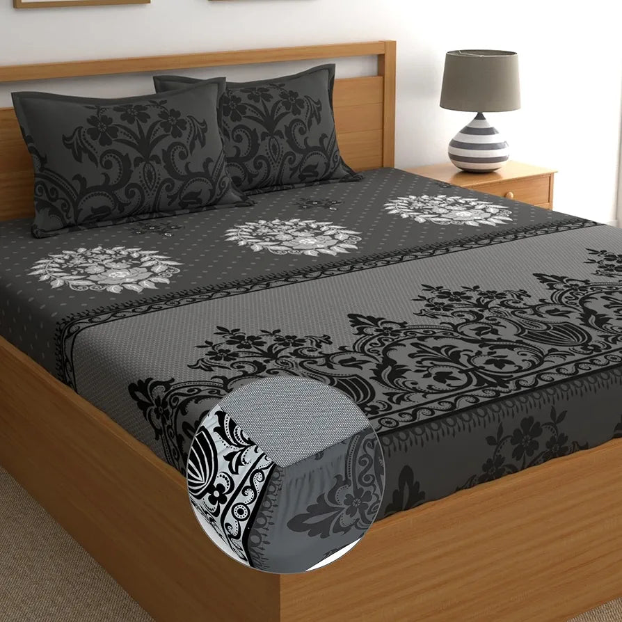 Dreamscape Cotton King Fitted Floral Bedsheet With 2 Pillow Covers Graphite Splendour