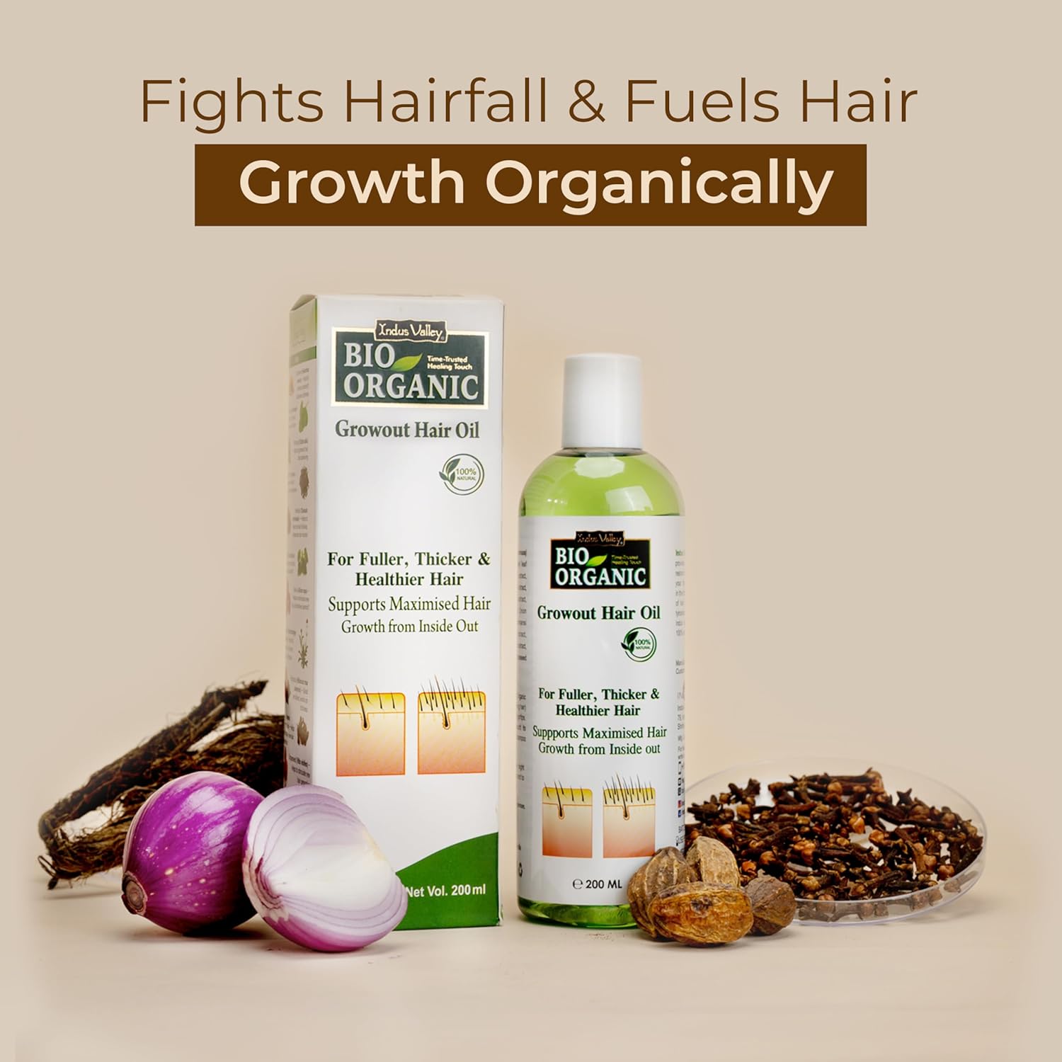 INDUS VALLEY Bio Organic 100% Organic Growout Hair Oil Combats Dandruff, Flaky scalp, Frizz and Split Ends (200ml)