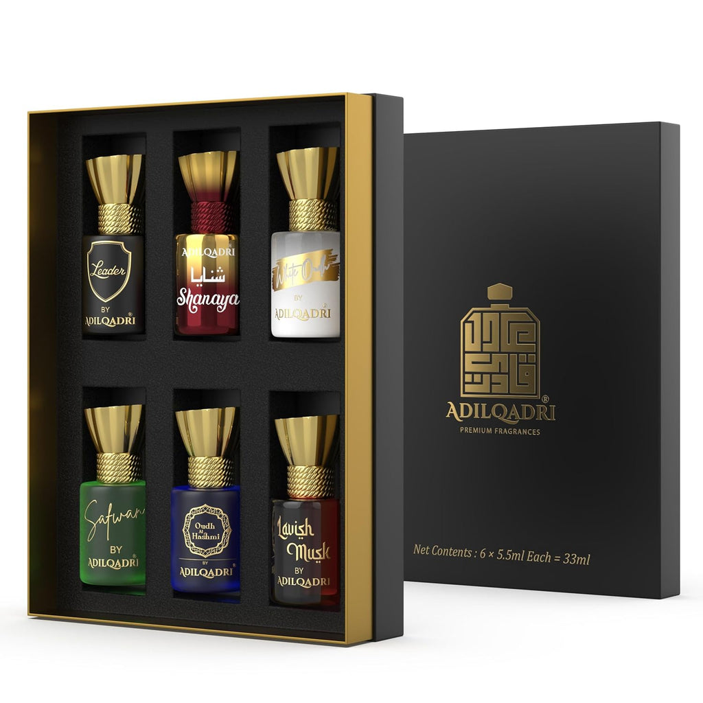 Adilqadri Assorted Luxury Attar Combo Perfume Gift Set for Men & Women (Pack of 6) â€“ Non-Alcoholic Roll-On attar Collection | Long-Lasting Fragrance Set | Gift Hamper for Him & Her | Ideal for Special Occasions | 5.5ml Each