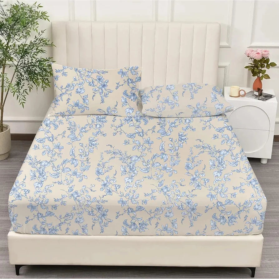Trance Home Linen 100% Percale Cotton 210 TC Bedsheet Queen Size Printed Fitted Bedspread with 2 Pillow Covers Grape Colour Vine Blue