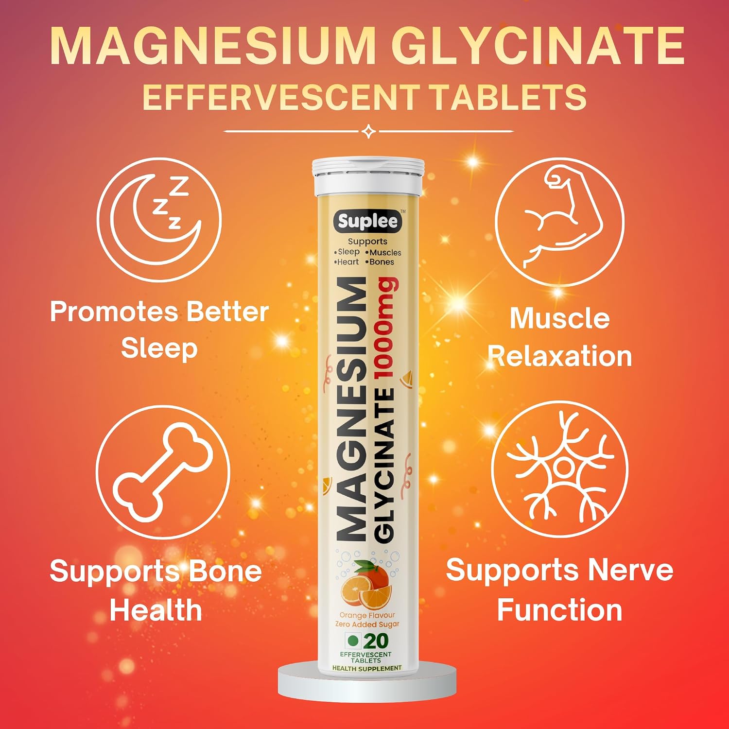 Suplee Magnesium Glycinate Effervescent Tablets 1000mg | 220mg Elemental Mgagnesium per Tablet | Supports Muscle Recovery, Sleep & Heart Health | Zero Added Sugar | 20 Count | Orange Flavour