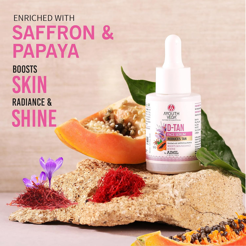 Ayouthveda D-Tan Face Serum Enriched With Saffron & Papaya For Nourished Skin| Address sun damage and achieve a revitalized, Boosts Skin Radiance | For Men & Women| Effectively reduces tan 30ml