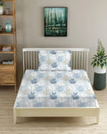 Trance Home Linen 100% Cotton 180 TC 78"X36" Single Size Elastic Fitted Bedsheet Printed With 1 Pillow Cover Colour Ferns Blue