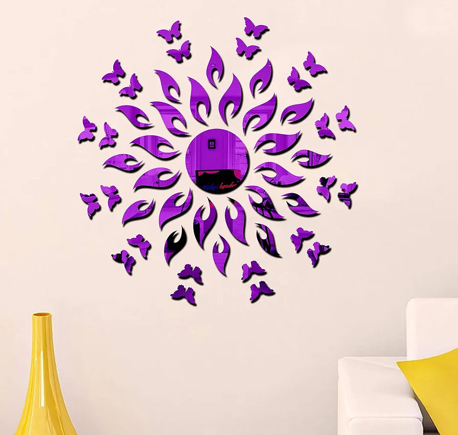 Bikri Kendra Art BK154 Sun Purple with 20 Purple Butterfly 3D Acrylic Mirror Stickers for Wall