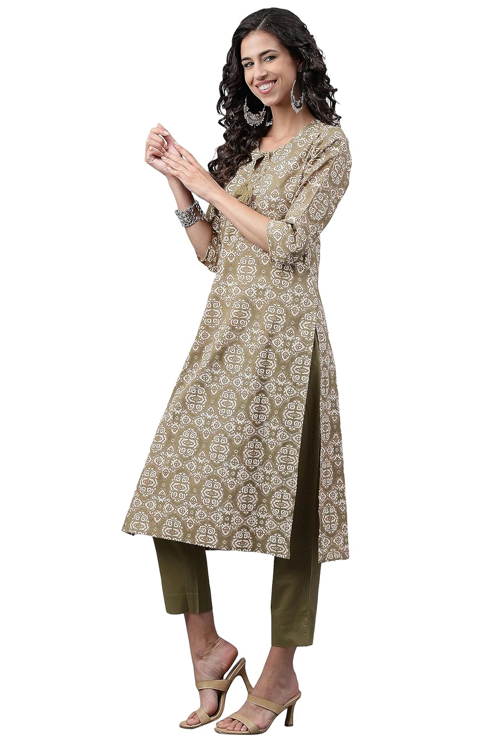 Janasya Women's Olive Green Cotton Ethnic Motifs Kurta with Pant and Dupatta
