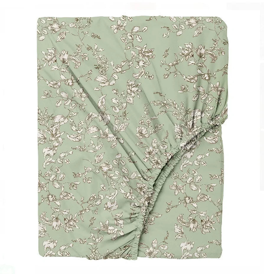 Trance Home Linen 100% Percale Cotton 210 TC Bedsheet Queen Size Printed Fitted Bedspread with 2 Pillow Covers Colour Grape Vine Green
