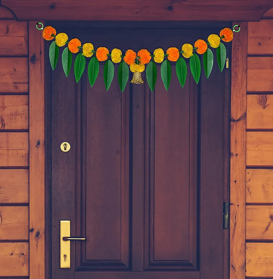 Artificial Marigold Bandanwar Pack of 4 with Mango Leaves and Bells 40 Inch Yellow and Mango