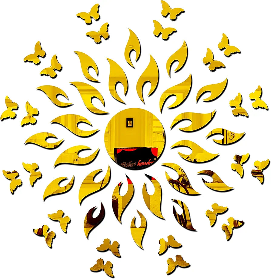 Bikri Kendra Sun Golden with 20 Butterfly Golden Decorative Mirror Stickers for Wall Wall Mirror Stickers 3D Acrylic