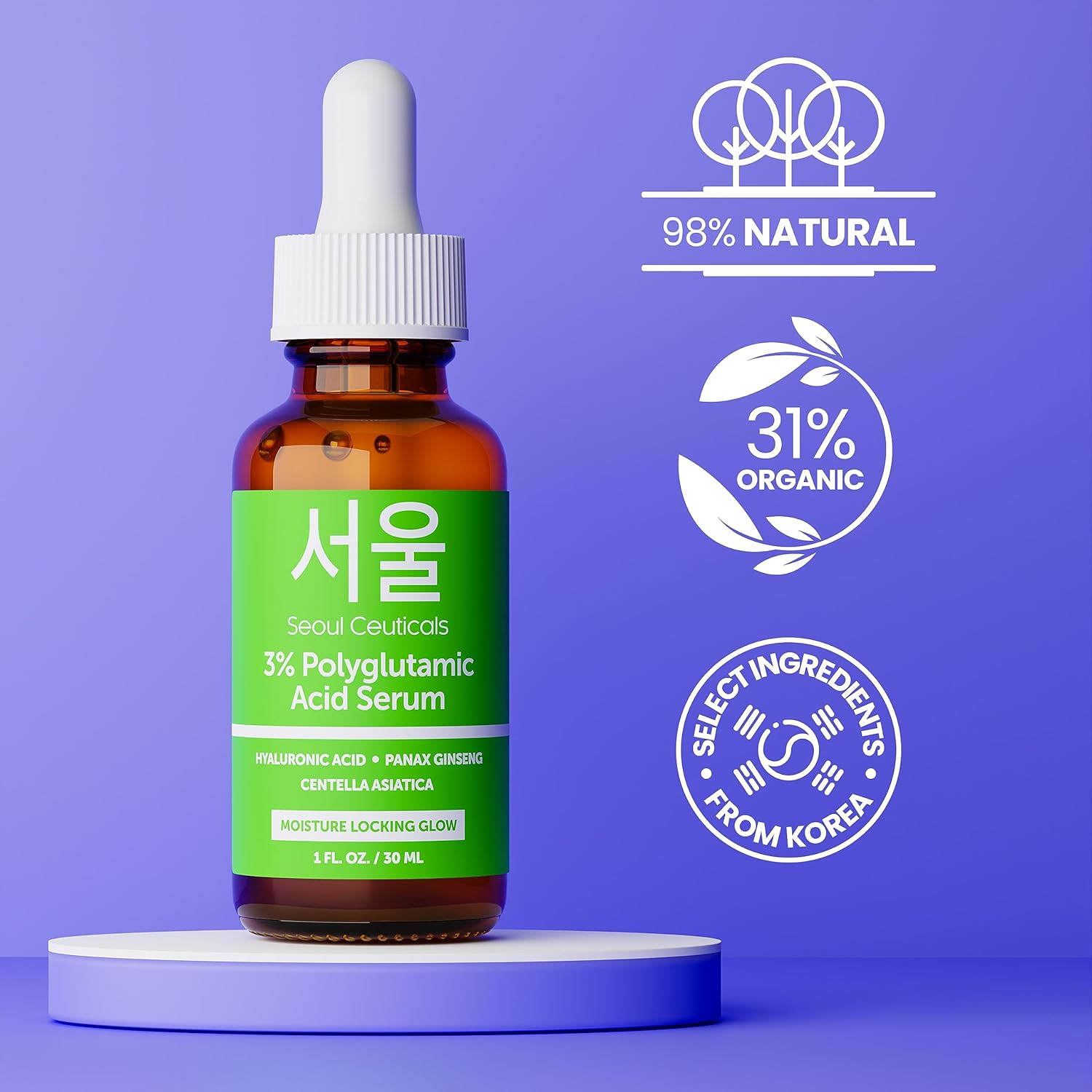 SeoulCeuticals Organic Polyglutamic Acid Korean Serum - 30ml Anti Aging Serum with Hyaluronic Acid + Centella Asiatica - K Beauty Skincare for Healthy Glowing Skin