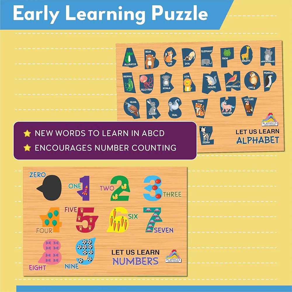 Playhills Mega 3D Learning Puzzle Combo Set- Wooden Alphabet and Numbers, Early Learning Wooden Puzzle for Kids 3, 4, 5 Years Old  Montessori Education