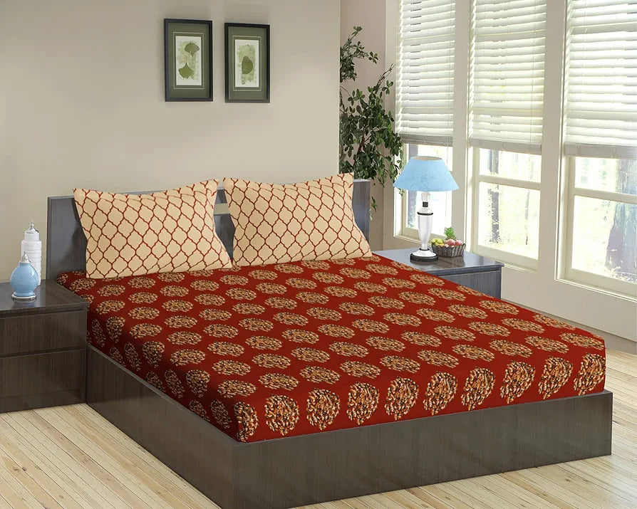 Trance Home Linen 200TC 100% Cotton 78"x72" King Size Elastic Fitted Bedsheet | Printed King Size Elasticated Fitted Bedspread with 2 Pillow Covers King 78x72 inch, Damask & Dori - Clay Red