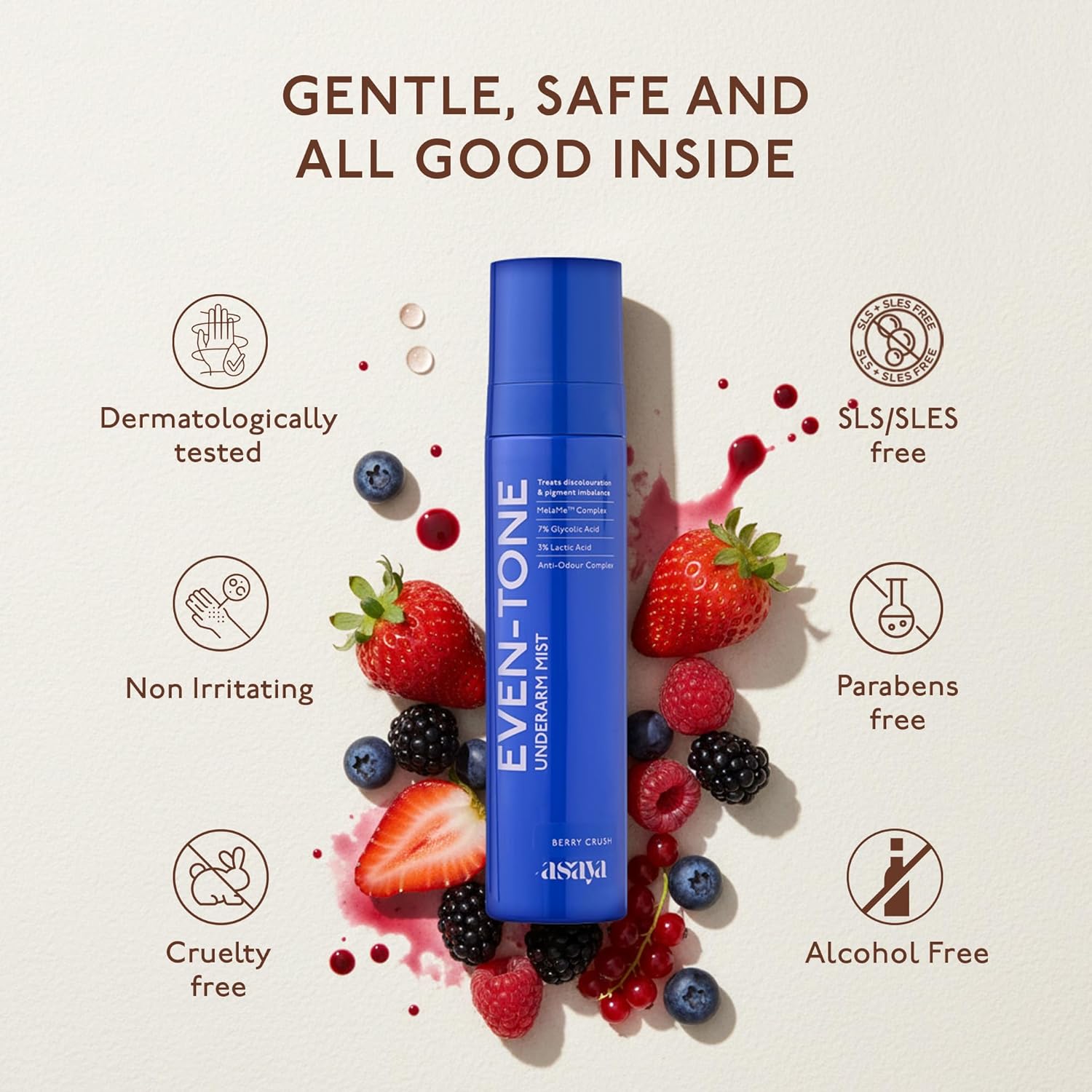 Asaya Even Tone Underarm Mist | Lightweight Spray for Underarm Pigmentation Removal & Odour Control | Even Tone Underarm Mist for Dark Underarms | Berry Crush | 100 ml