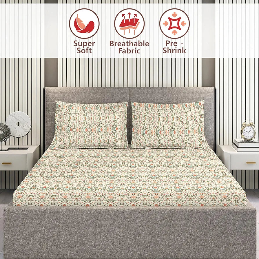 Layers Home Easy Cotton Bedsheet Set for All Seasons Lightweight 144 TC Queen Size Beige