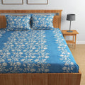 Homefab India 160 TC Glace Cotton Double BedSheet with 2 Pillow Covers Blue Floral