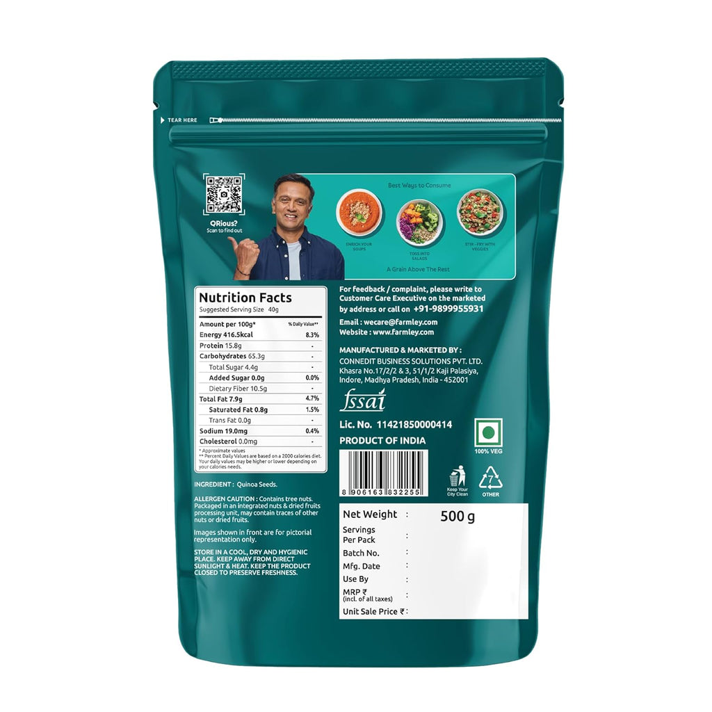 Farmley Natural Quinoa 500 g | Gluten Free | Ready To Cook | High Fibre & Protein Content Quinoa Seeds (Pack of 1)
