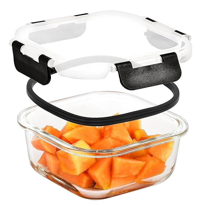Femora Borosilicate Square Glass Container With Dectahable & Break Free Lid | Black Color | 300 Ml | Set of 3