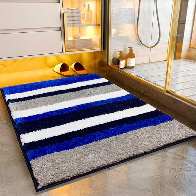 Roseate Luxury Soft Microfibre Striped Bath Mat Bedroom Kitchen Door Mat Floor Mat | 40x60 cm | Blue Colour