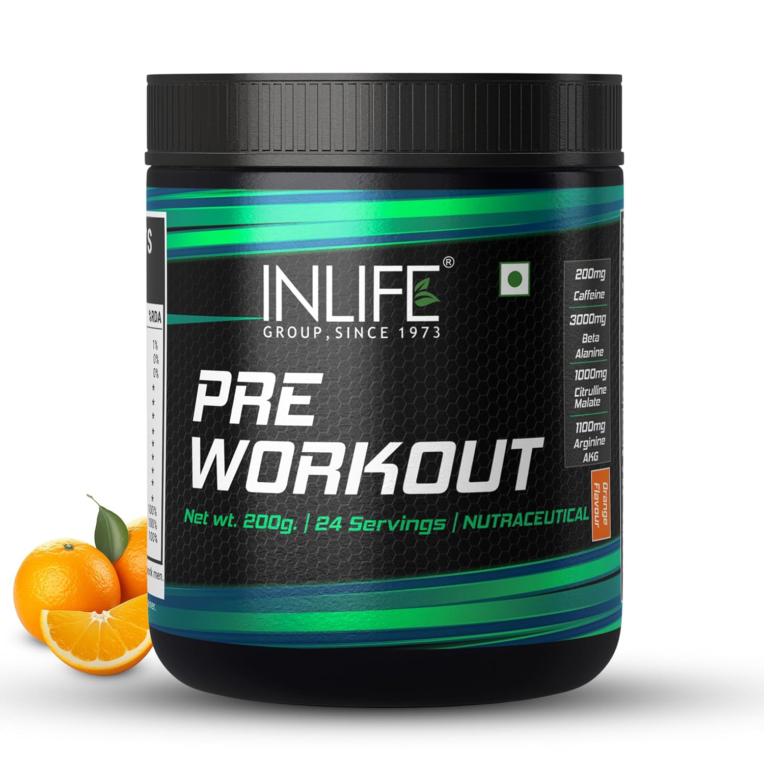 INLIFE Pre-Workout Supplement 200mg Caffeine,1000mg Citrulline,1100mg Arginine AAKG,3000mg B-Alanine,Creatine,Taurine, Betaine Anhydrous Pre Workout Formula Men & Women 200g, 24 Servings (Orange)