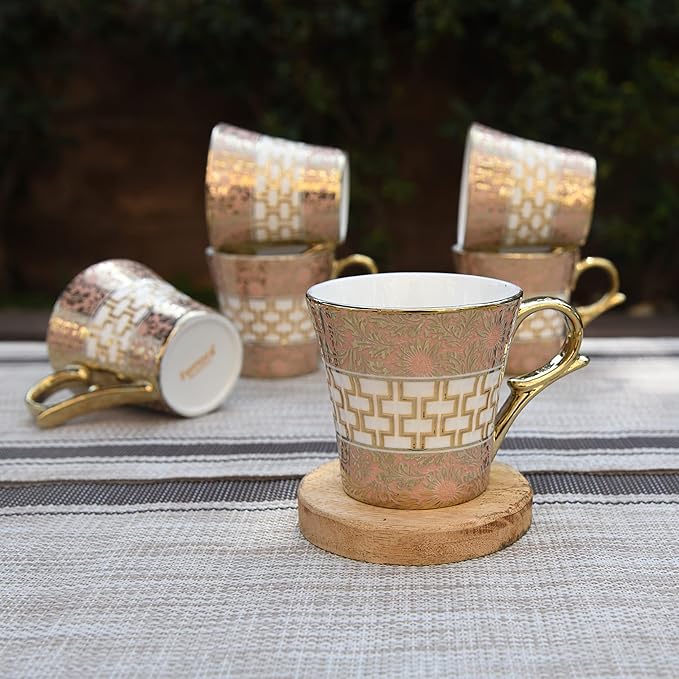 Femora Golden Daisy Finish Ceramic Tea Cups, Coffee Mugs | 160 Ml | Golden | 6 Pcs Set | Not Microwave Safe
