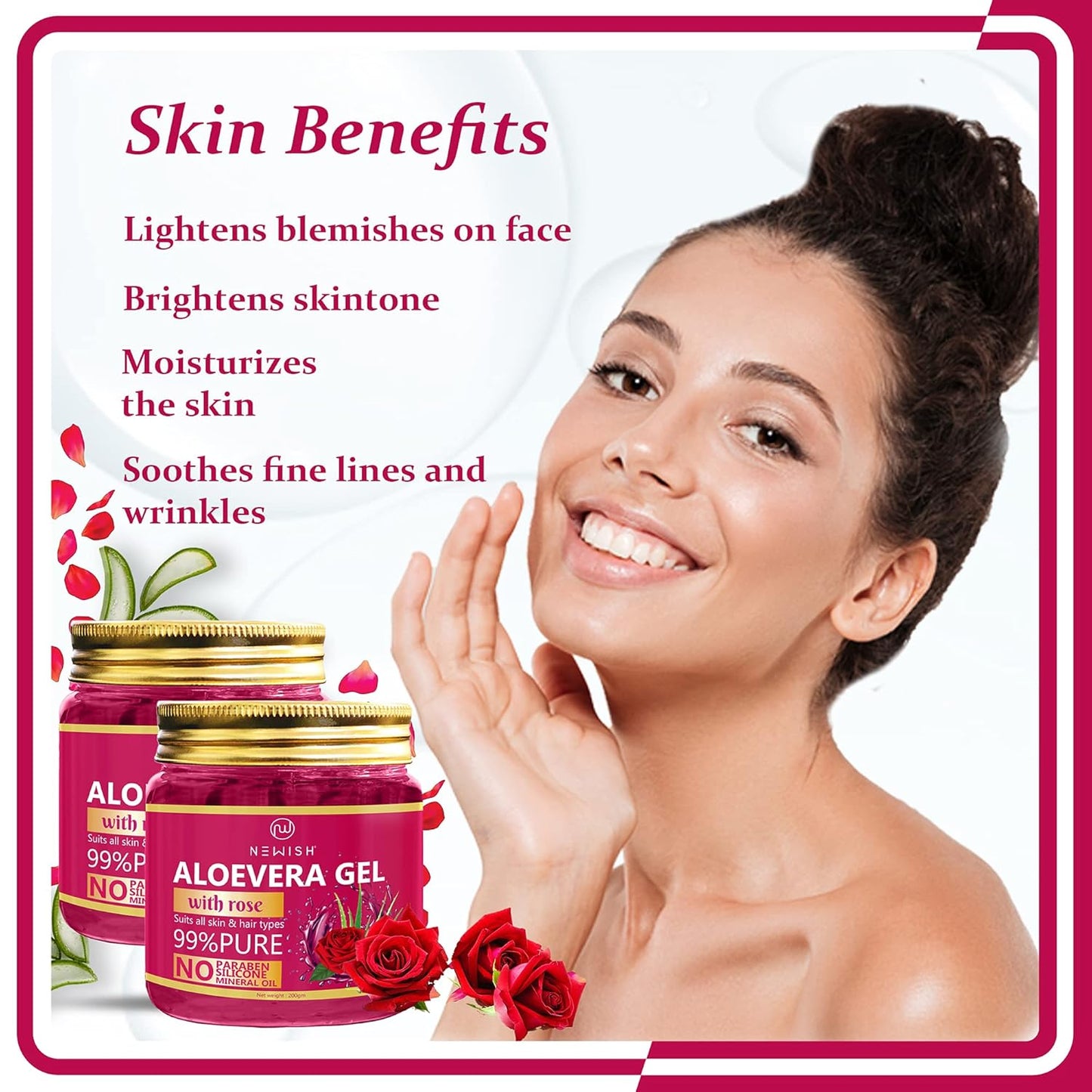 Newish Pure Aloe Vera Gel with Rose for Skin Hair - 200 gms (Pack of 2)