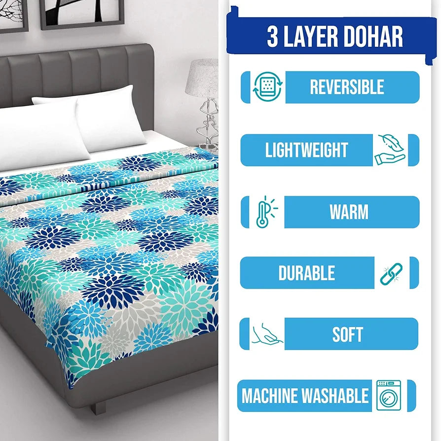 Divine Casa Floret 100% Cotton Double Dohar 120 GSM Soft & Lightweight Throw Blanket Colour Blue Aqua