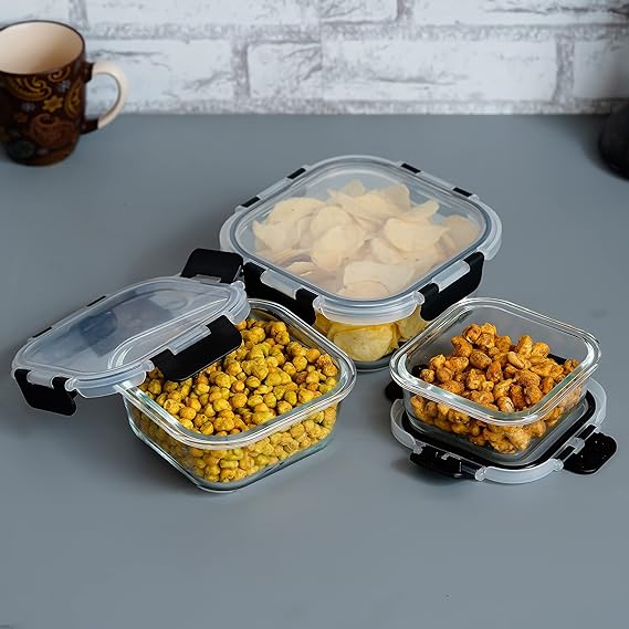 Femora Borosilicate Square Microwave Oven Safe Glass Container With Dectahable & Break Free Lid | Black Color | 300,500,800 Ml