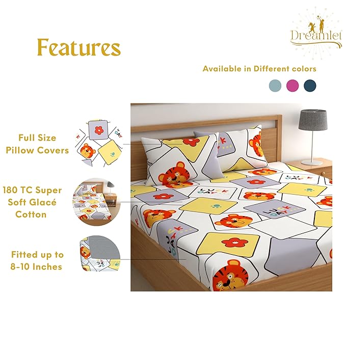 Dreamlet 180tc Cotton Feel All Around Elastic Fitted Bedsheets King Size for Double Bed With 2 Pillow Covers | White & Yellow