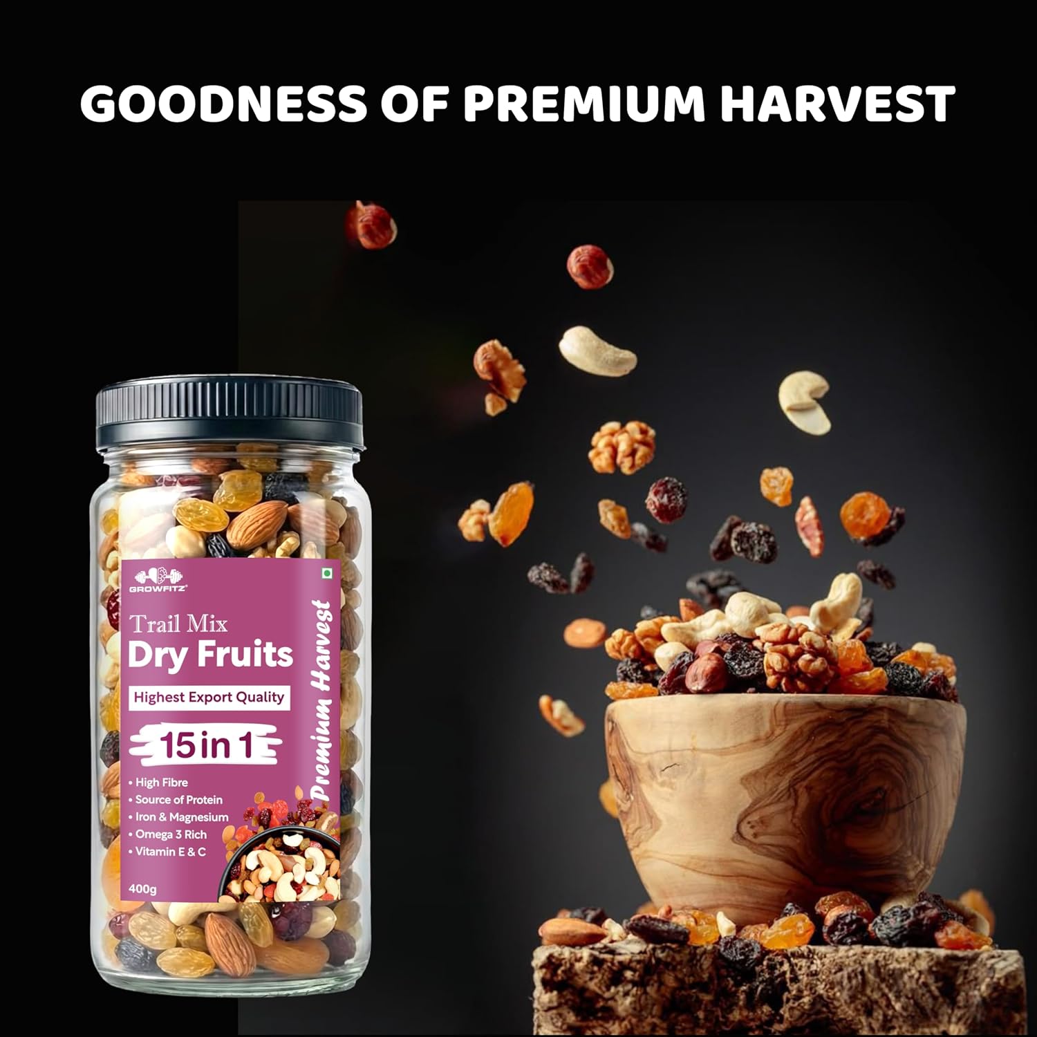 Growfitz Premium 15-in-1 Trial Mix 400g | Healthy Mixed Dry Fruits, Nuts & Seeds | Cashews, Almonds, Pistachio, Cranberries, Raisins, Pumpkin, Sunflower | High Protein Snack | Reusable Jar, Pack of 1