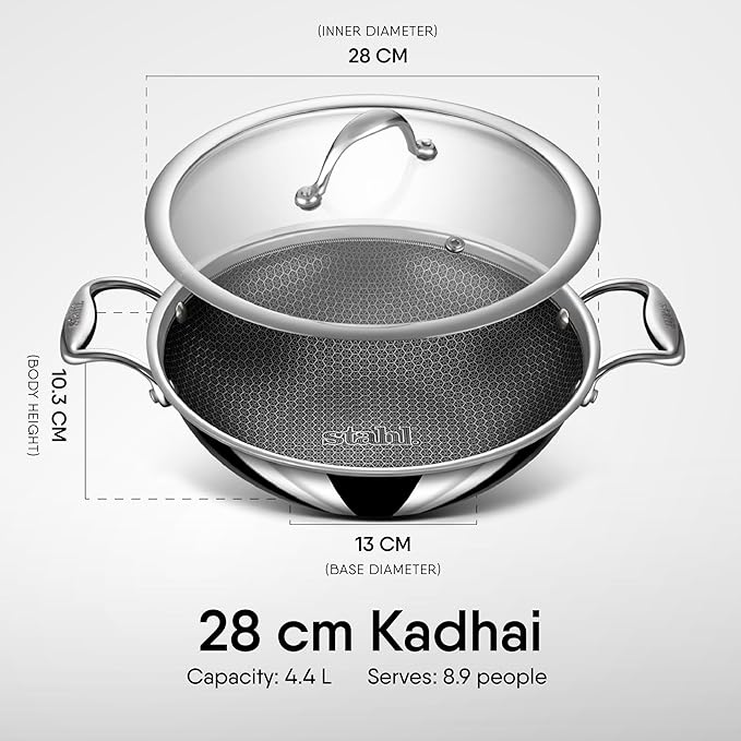 Stahl Artisan Hybrid Triply Non Stick Kadai With Lid | Stainless Steel Kadai for Cooking | Induction & Gas Stove Compatible | 4.4 L | 28 Cm