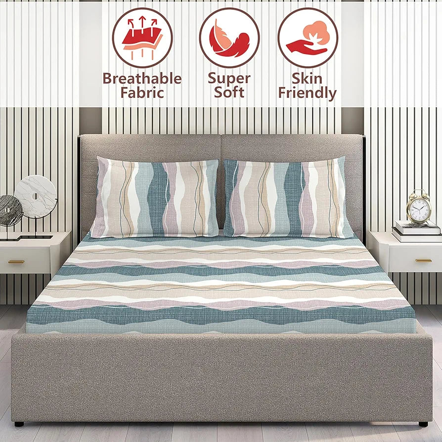 Layers Firenze Floret Cotton Bedsheet Set for All Seasons Lightweight 146 TC King Size Grey Waves