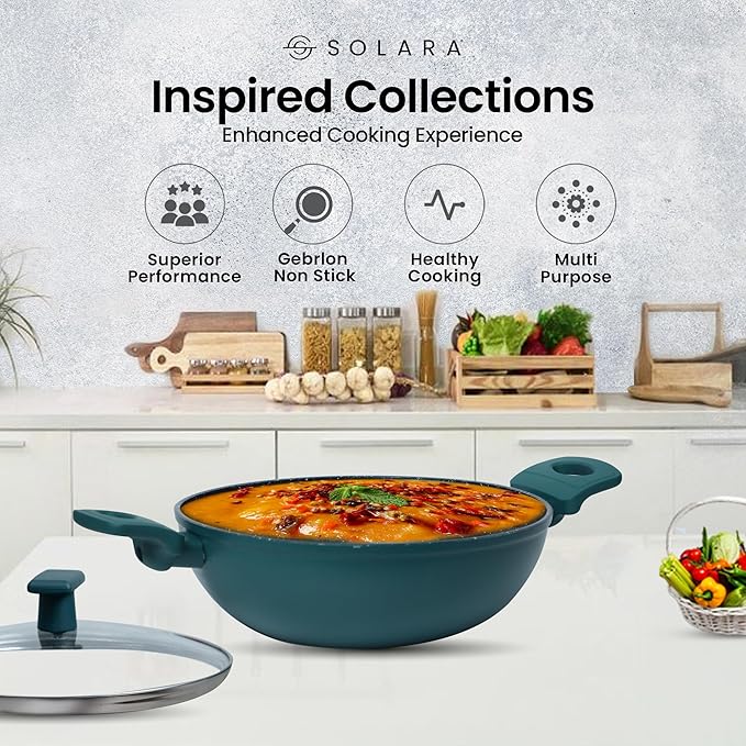 Solara 24 Cm, 2.4 Litres Non Stick Kadai, Granite Stone Kadhai With Glass Lid, Kadai With Lid for Cooking | Bezel
