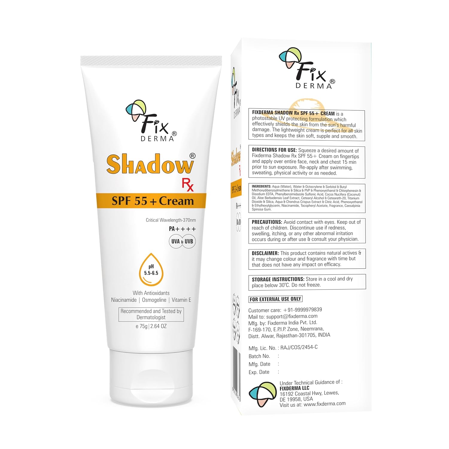 Fixderma Shadow SPF 55+ Cream PA++++ | Sunscreen for Dry Skin | Hybrid Sunscreen with UVA & UVB Filters, Antioxidants, IR Protection and Blue Light Protection Lightweight - 75gm