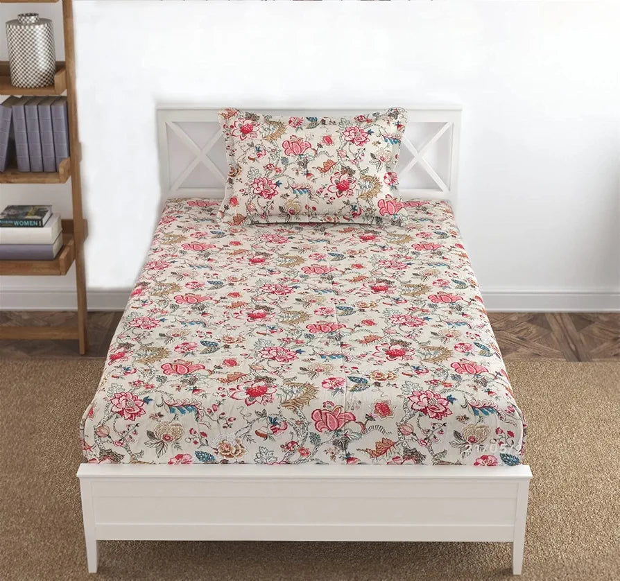 Trance Home Linen 144TC 100% Cotton Heritage Elastic Fitted Bedsheet with 1 Pillow Cover Jaipuri Printed Artisan Block Design Colour Malhaar red