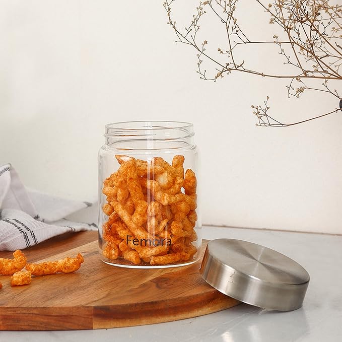 Femora Kitchen Storage Jars Borosilicate Glass With Steel Lid Air Tight Jar | 350 Ml | Pack of 6