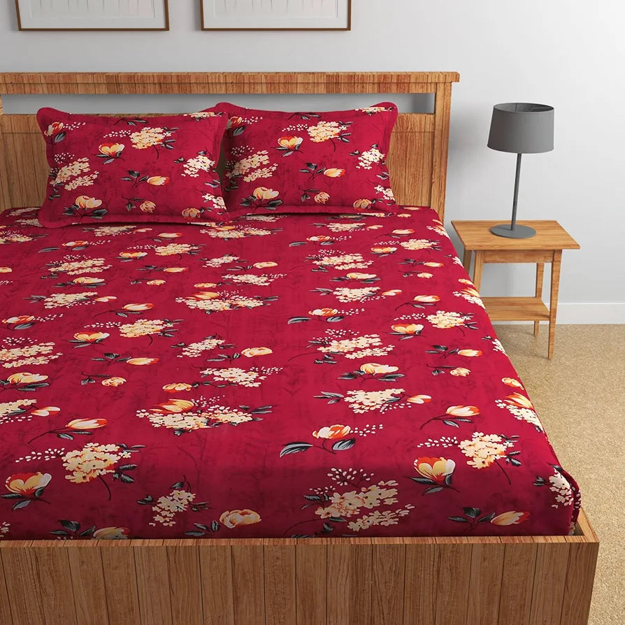 Homefab India 160 TC Glace Cotton Double BedSheet with 2 Pillow Covers Maroon Floral
